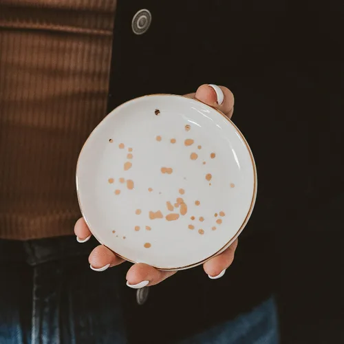 Miniatura 2 de Plato de joyería moteado de oro blanco Bandeja circular de cerámica para decoración del hogar, regalo de boda para ella, organizador de escritorio