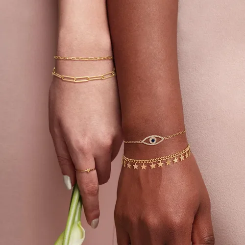 Miniatura 4 de Dremmy Studios Pulsera de oro para mujer, chapada en oro de 18 quilates, delicado clip de circonita cúbica, disco de moneda, estrella, cable
