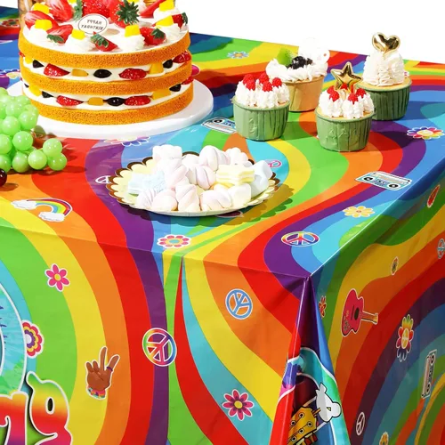 Miniatura 5 de Tiamon 3 manteles de plástico estilo hippie retro para mesa rectangular, decoraciones de fiesta de arco iris desechables para fiestas de los años 60