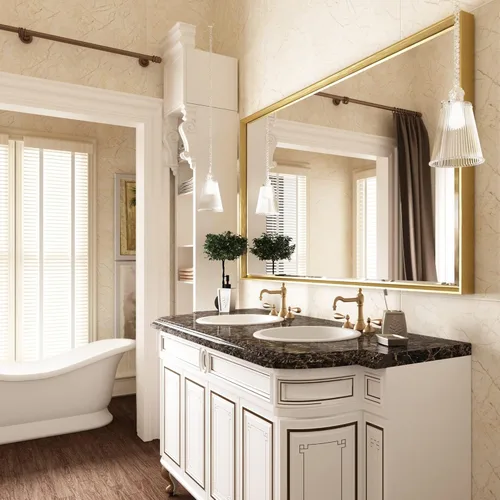 Miniatura 7 de Espejo de baño dorado de 48 x 30 pulgadas, espejo de baño biselado de oro cepillado, espejo rectangular grande con marco dorado inastillable, espejo