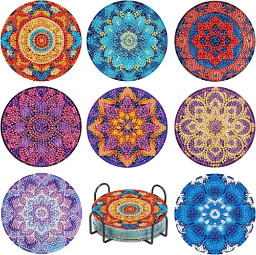 Miniatura 14 de Leatrice 6 piezas de posavasos de arte de diamante pequeños kits de pintura de diamante para adultos con puntos de diamante redondos, taladro