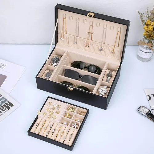 Miniatura 7 de LANDICI Joyero organizador para mujeres y niñas estuche grande de 2 capas para hombres con bandeja extraíble soporte de almacenamiento de joyas