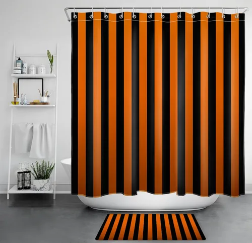 Miniatura 24 de LB Cortina de ducha a rayas naranjas y negras, cortina de ducha de arte estético de Halloween con patrón geométrico para baño, 60 x 72 pulgadas