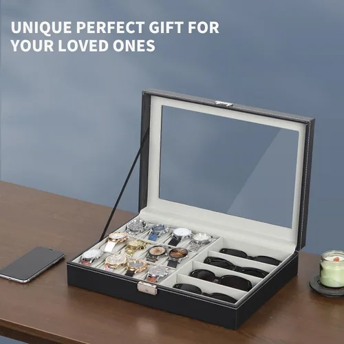 Miniatura 22 de AUTOARK AW-004 - Caja de cuero para 6 relojes y 3 lentes y gafas de sol con organizador de joyas, cajas de almacenamiento para hombre y mujer, tapa