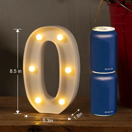 Miniatura 7 de HXWEIYE - Número luminoso 0 con luces LED, diseño de marquesina con 26 letras del alfabeto y 10 números, funciona con baterías, luz cálida blanca