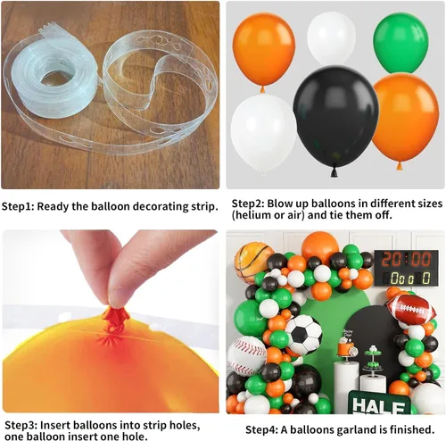Miniatura 3 de Guirnalda de arco de globos deportivos, kit de guirnalda de globos con tema de bolas, globos blancos, verdes, negros y naranjas, globos de aluminio