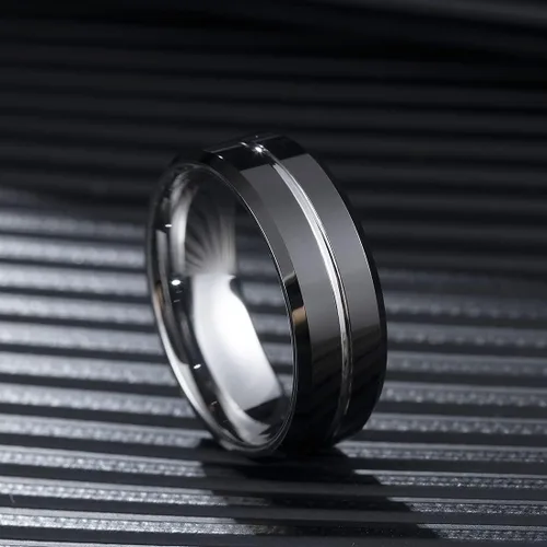 Miniatura 2 de King Will - Anillo de bodas clásico de carburo de tungsteno para hombre, en color negro, plata, oro, azul, marrón, rojo y púrpura, centro acanalado