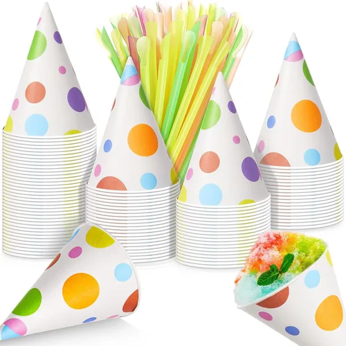 Miniatura 8 de Boao Juego de 100 tazas de cono de nieve de 4.5 onzas y pajitas de papel desechables, jarabe, lunares dorados, a prueba de fugas, suministros