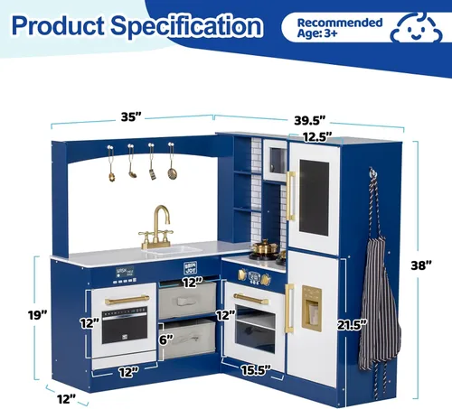 Miniatura 7 de BRINJOY Cocina de Juego de Esquina para Niños, Juego de Cocina de Madera para Niños Pequeños con Grifo, Fregadero, Microondas, Horno, Delantal, Azul