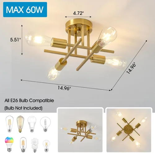 Miniatura 2 de EGM Lámpara de techo semiempotrada dorada, lámpara de cocina moderna de 4 luces con base E26, lámpara de techo para dormitorio, candelabro Sputnik