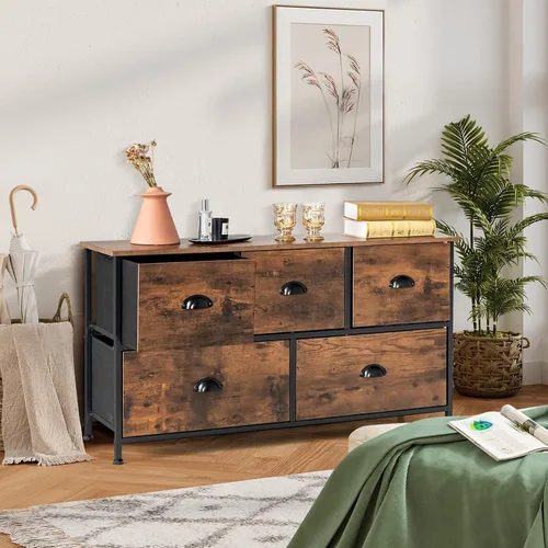 Miniatura 4 de LOKO Cómoda de 5 cajones para dormitorio, organizador rústico con cajones de tela y marco de acero sólido, cómoda ancha para armario, dormitorio