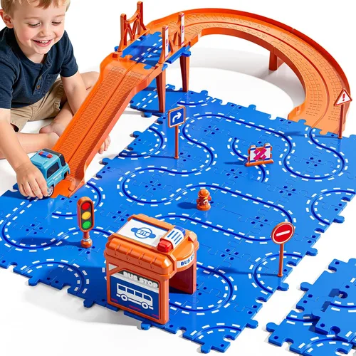 Rompecabezas de Autos de Pista para Niños Pequeños, Juguetes para Niños y Niñas de 3-5 y 6-8 Años, Rompecabezas de Piso de 31 Piezas con Pista de
