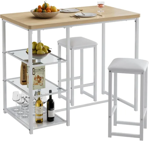 Miniatura 11 de VECELO juego de mesa de bar pequeña y sillas para 2, taburetes tapizados y estantes de almacenamiento de vidrio, para cocina, comedor, rincón