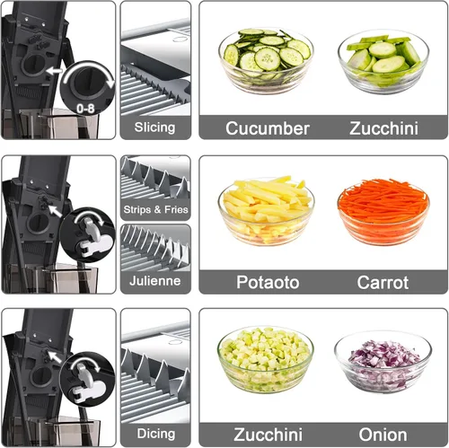 Miniatura 6 de Jonscook Rebanador de mandolina todo en uno seguro para cocina, picador de alimentos con contenedor, cortador de verduras con grosor ajustable
