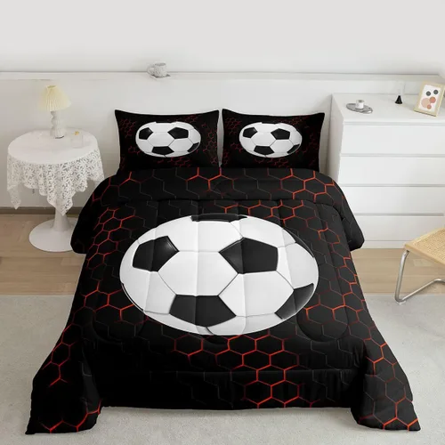 Miniatura 2 de Juego de edredón de panal negro y rojo para adolescentes, jóvenes y adultos, juego de ropa de cama de fútbol y fútbol, juegos de edredón hexagonales