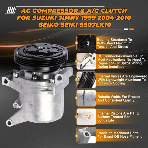 Miniatura 4 de Compresor de aire acondicionado 95201-77GB2 9520177GB2 compatible con Suzuki JIMNY Seiko SEIKI SS07LK10 A/C piezas de repuesto del compresor