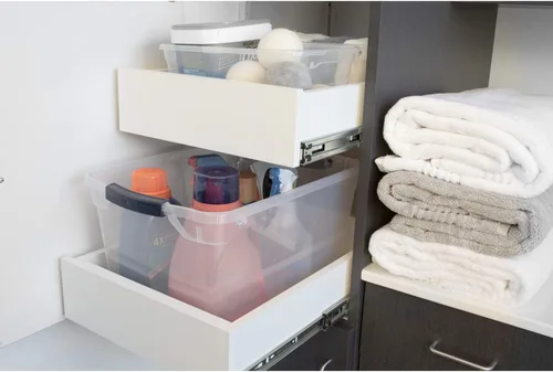 Miniatura 8 de Rubbermaid Cleverstore - Paquete de 6 recipientes de plástico apilables transparentes de 41 cuartos de galón con tapas transparentes de cierre