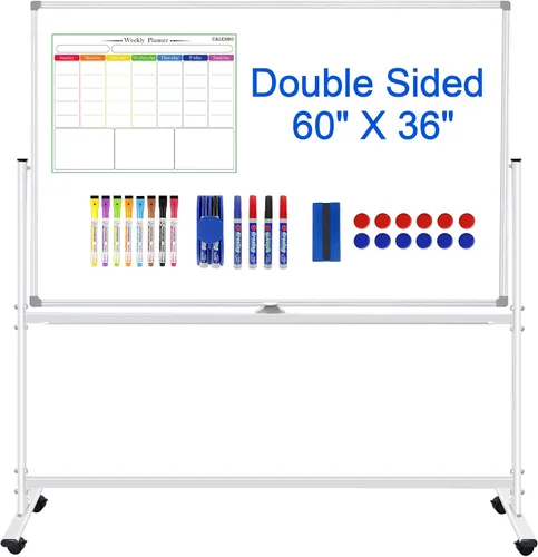 Pizarra blanca rodante grande de 60 x 36, pizarra blanca magnética móvil de doble cara sobre ruedas, pizarra blanca de 5 x 3 pies con soportes,