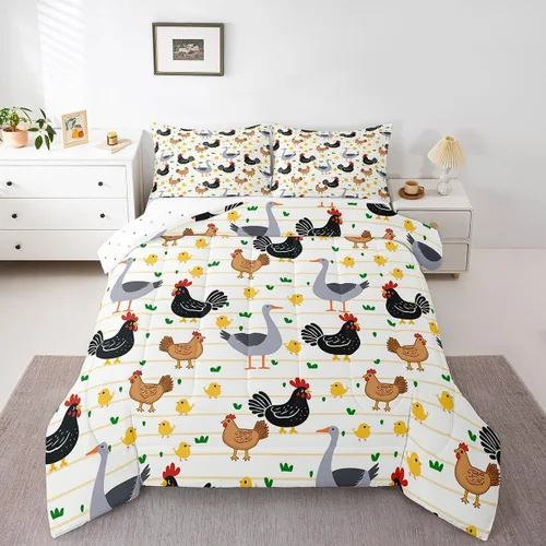 Miniatura 29 de Erosebridal Juego de ropa de cama a cuadros azul para niños, juego de cama individual con diseño de patos amarillos de dibujos animados, juego