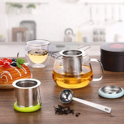 Miniatura 2 de 2 Infusores de té de acero inoxidable con mango plegable, filtro extra, filtro de malla fina, cesta de preparación con tapa para té de hojas sueltas