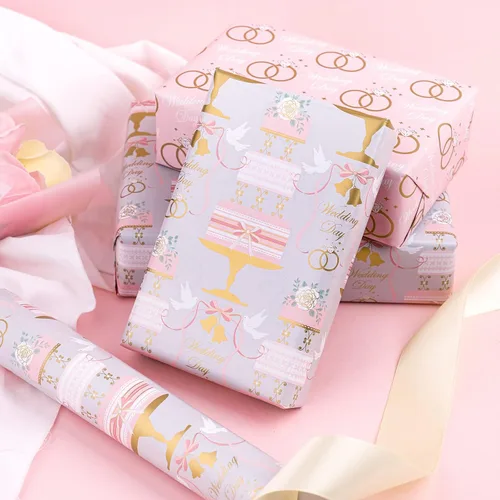 Miniatura 5 de WRAPAHOLIC Rollo de papel reversible para envolver bodas, mini rollo, 17 pulgadas x 33 pies, diseño floral de pastel y anillo, perfecto para bodas
