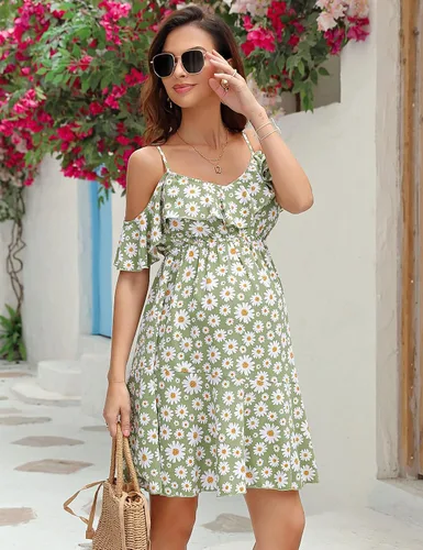 Miniatura 4 de FUNJULY Vestido de lactancia de maternidad para mujer, cuello en V, tirantes delgados, manga con volantes, estampado de margaritas, vestido