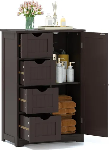 Miniatura 12 de GLACER Armario de piso de baño, armario de almacenamiento multifuncional con 4 cajones y 1 puerta, organizador de almacenamiento lateral de madera