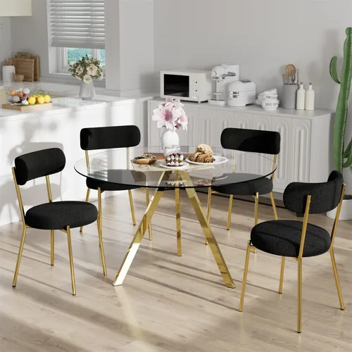 Juego de mesa de comedor circular de vidrio de 39 pulgadas para 4, mesa de comedor redonda pequeña y 4 sillas tapizadas, moderno juego de mesa de