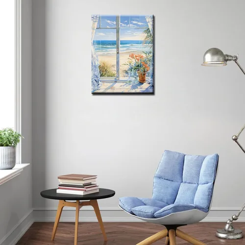Miniatura 4 de Kit de pintura al óleo para ventana de playa, paisaje, por números, 16 x 20 pulgadas, lienzo, flores, paisaje, bricolaje, pintura al óleo para Pbn