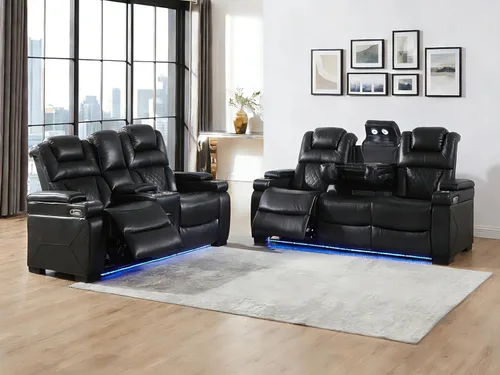 THSUPER Sillón reclinable de cuero transpirable y sofá de dos plazas con luz LED, sofá reclinable para cine en casa con reposacabezas ajustable/luz