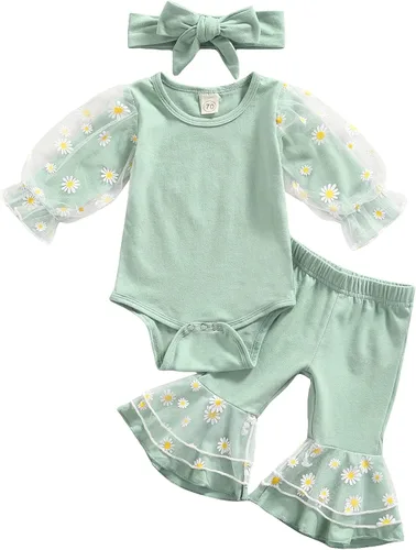 Madjtlqy Pantalones acampanados para bebé 3 piezas conjunto de margaritas de malla de retazos acampanados diadema