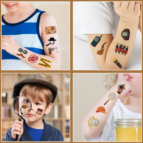 Miniatura 4 de 20 hojas de tatuajes temporales de detective espía de agente secreto, pistas de detective misterioso, recuerdos de fiesta, accesorios de decoración