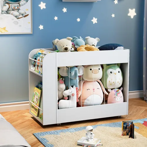 Miniatura 8 de Caja de almacenamiento de juguetes 3 en 1 con estantería y pizarra, baúl grande de juguetes de peluche con ruedas, organizador de almacenamiento