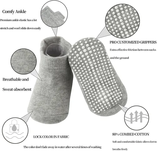 Miniatura 3 de QIYIENDIAN 6 pares de calcetines antideslizantes acogedores y cálidos tipo crew con agarres para bebés, infantes, niños pequeños, niños y niñas