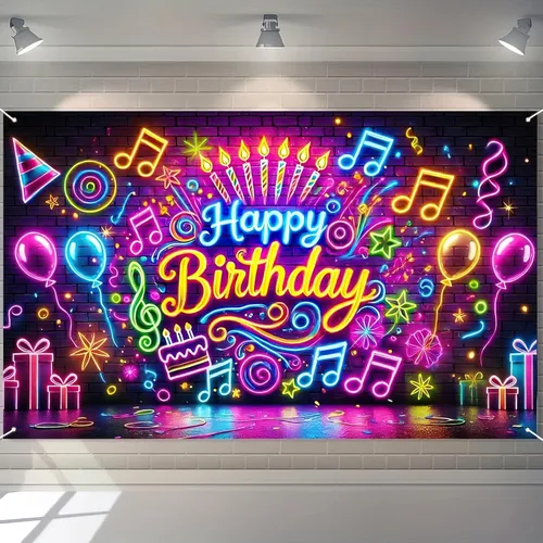 BlissYard Pancarta de Neón de Feliz Cumpleaños que Brilla en la Oscuridad Pancarta de Feliz Cumpleaños que Brilla en la Oscuridad Telón de Fondo