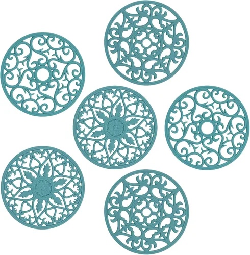 Juego de 6 salvamanteles de silicona verde azulado – Almohadillas calientes y alfombrillas multiusos talladas intrínsecamente para ollas y sartenes