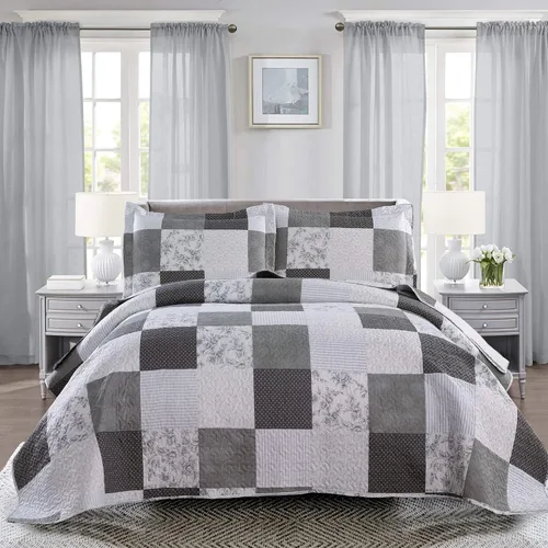 Miniatura 14 de Juego de colcha tamaño queen de Ycosy, ropa de cama a cuadros, colcha de retazos, colcha suave y ligera, colcha a rayas grises y blancas, colcha
