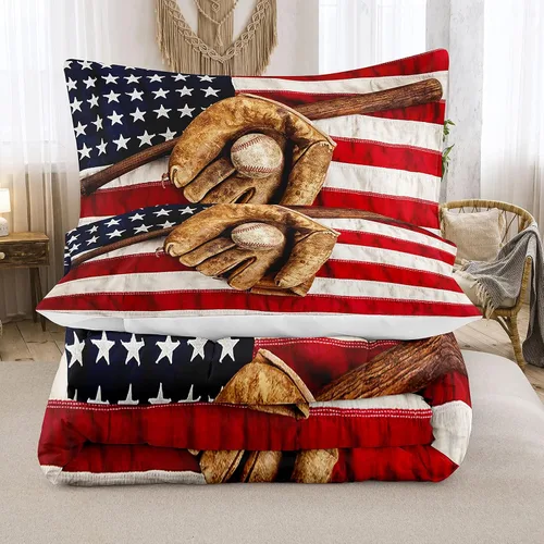 Miniatura 3 de Juego de edredón de béisbol Bodhi individual para niños, juego de edredón individual con bandera americana, juego de ropa de cama deportiva
