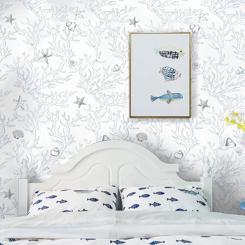 Miniatura 3 de WENMER Coastal - Papel tapiz autoadhesivo para despegar y pegar, 17.3 x 590 pulgadas, color blanco y azul claro, concha, concha, estrella de mar