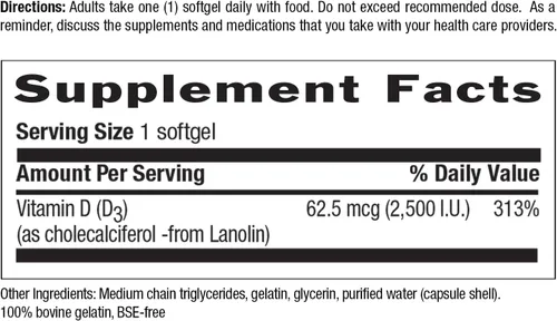 Miniatura 2 de Country Life Vitamina D3 2500 I.U. Sin gluten, 60 cápsulas blandas