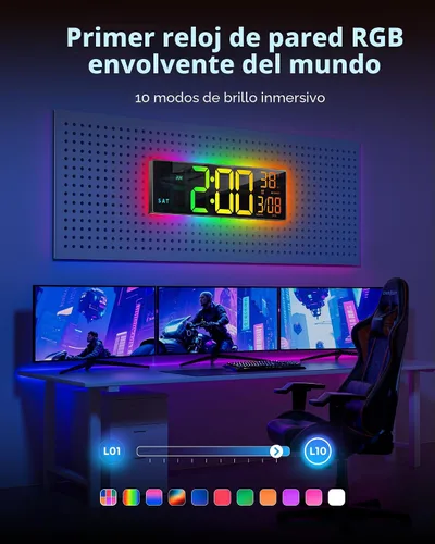 Miniatura 4 de EASYERA Reloj de pared digital grande de 16.5 pulgadas con sincronización BT, luces RGB con control remoto de 11 escenas, reloj LED grande