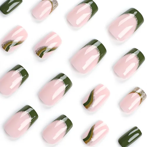 Miniatura 7 de Uñas postizas verdes a presión - Uñas falsas cortas cuadradas con purpurina dorada y diseños de remolino, acabado brillante, uñas postizas acrílicas