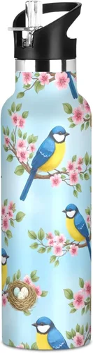 Water Bottle for Kids with Straw Leakproof Sports Water Bottle for Kids for Boys Girls 20oz, BPA-Free, Blue Yellow Birds
