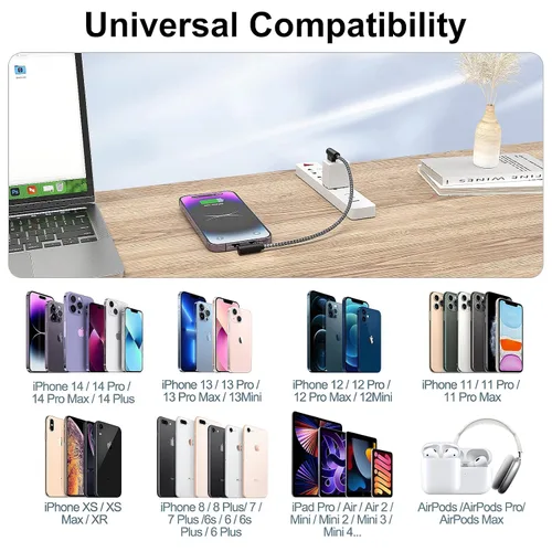 Miniatura 7 de Cargador para iPhone de 1 pie y 90 grados, 2 unidades, con certificación MFi, cable Lightning corto en ángulo recto, cable de carga rápida