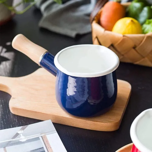 Miniatura 5 de Olla de leche esmaltada, olla pequeña para leche, calentador de mantequilla de 4 pulgadas, 17 onzas, sartén pequeña esmaltada con mango de madera