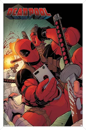 Miniatura 12 de Trends International Marvel Comics Deadpool - Póster de pared para selfies, 14.725 x 22.375 pulgadas, versión enmarcada de madera de granero