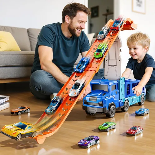Miniatura 2 de Juego de camiones y coches para niños de 3, 4, 5, 6, 7, 8 años, juego de camiones transportadores con pista de 12 coches fundidos a presión