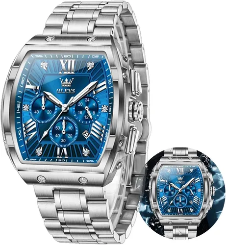 OLEVS Relojes para Hombres Cronógrafo Impermeable Cara Rectangular Fase Lunar Correa de Acero Inoxidable Relojes de Vestir para Hombres Luminoso
