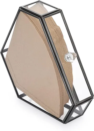 Miniatura 7 de ELLDOO Soporte de filtro de café de vidrio negro Contenedor de almacenamiento de papel de café Dispensador de papel de filtro Estante con cubierta a