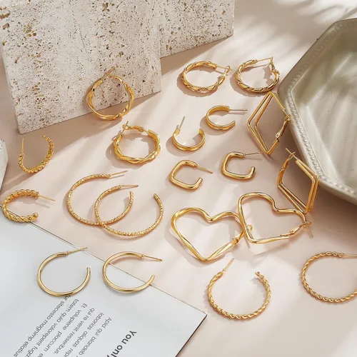 Miniatura 6 de IFKM Juego de 24 pares de aretes de aro dorados para mujeres y niñas, hipoalergénicos, de cadena gruesa, trenzados, abiertos, paquetes de aretes